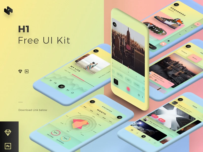 H1 Free Mobile UI Kit freebie preview