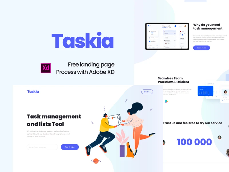 Taskia - Free Landing Page for Adobe XD freebie preview