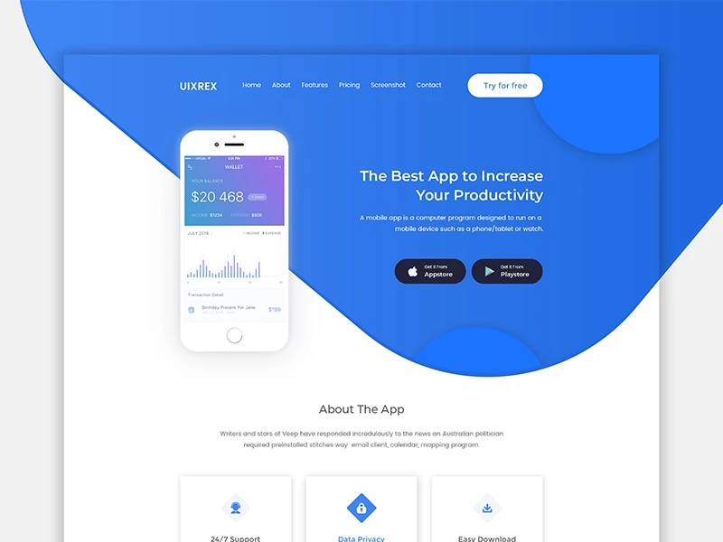 UIXREX App Landing Page freebie preview